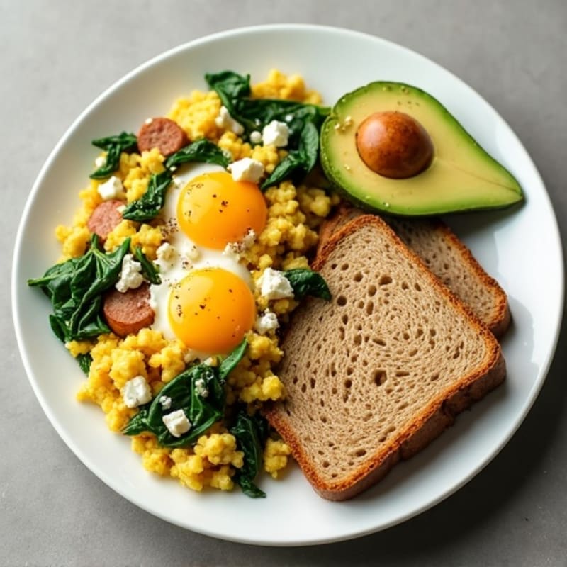 Egg White and Turkey Sausage Scramble with Spinach, Feta, Toast & Avocado