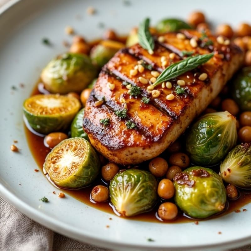 Honey-Balsamic Roasted Brussels Sprouts with Crispy Shallots and Chicken