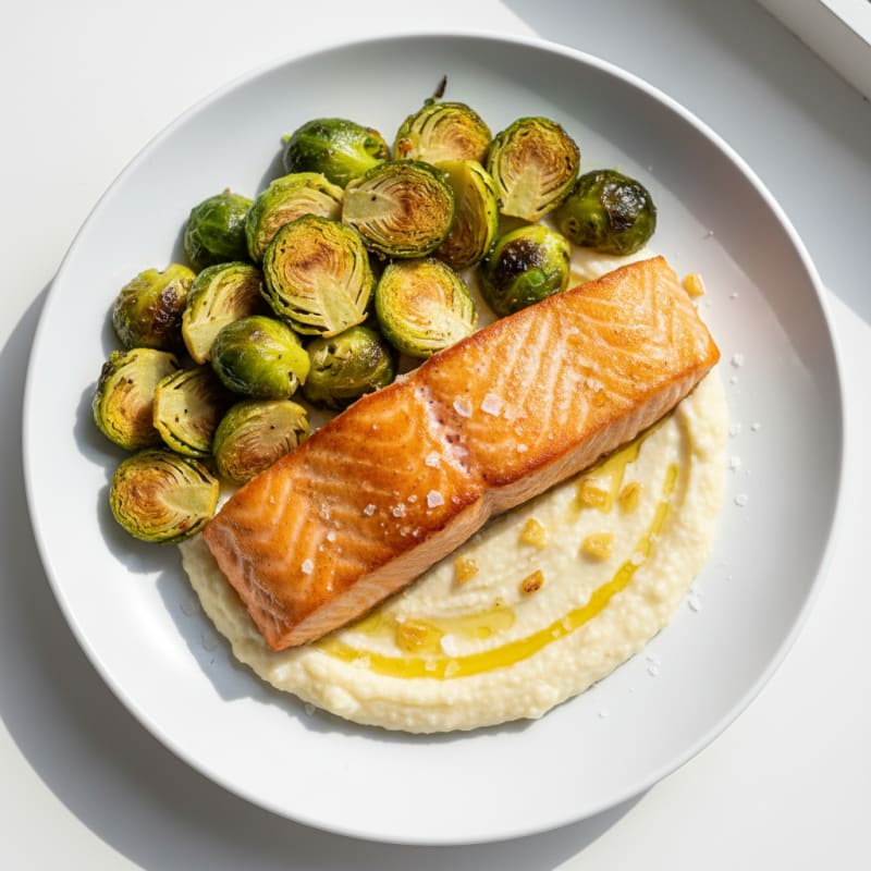 Seared Salmon Fillet with Roasted Brussels Sprouts and Cauliflower Mash