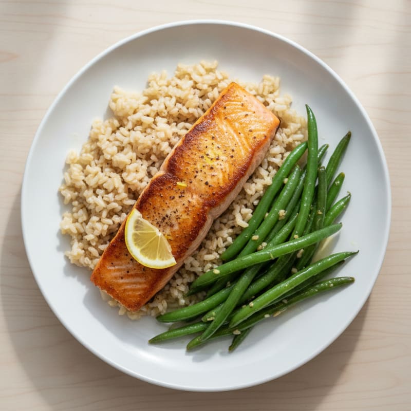 Seared Salmon with Garlic Green Beans and Brown Rice