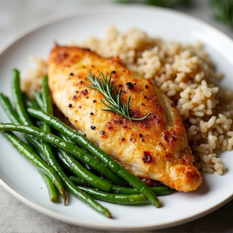 Crispy Lemon Herb Chicken with Brown Rice and Roasted Green Beans
