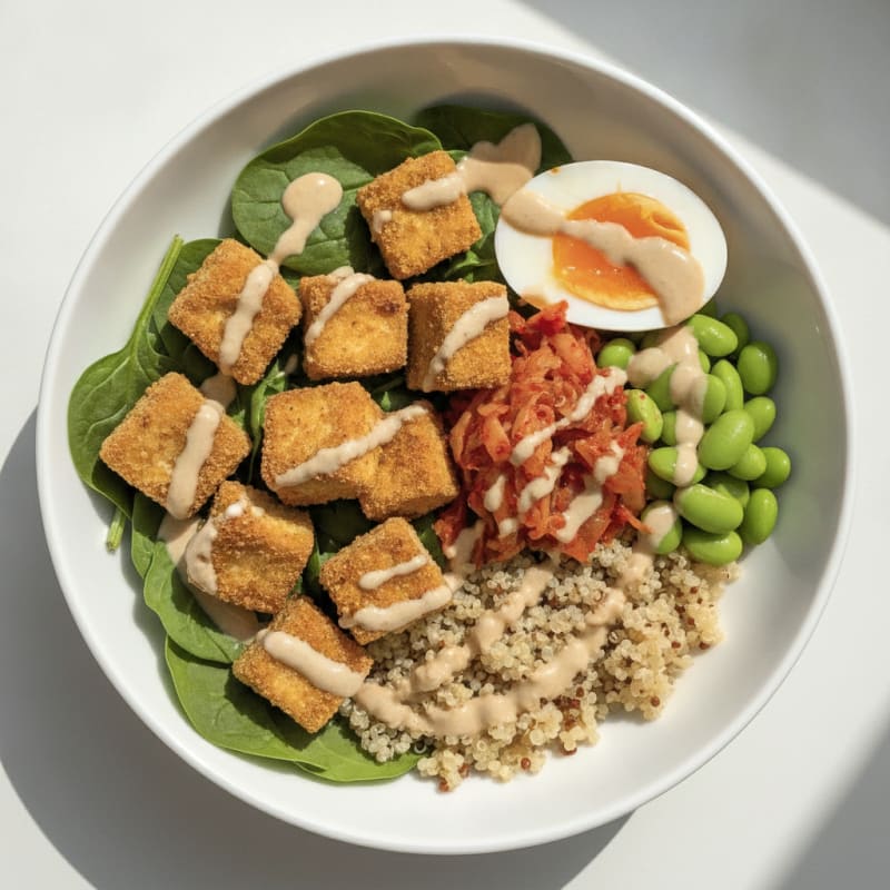 Crunchy Tofu Buddha Bowl with Kimchi and Quinoa