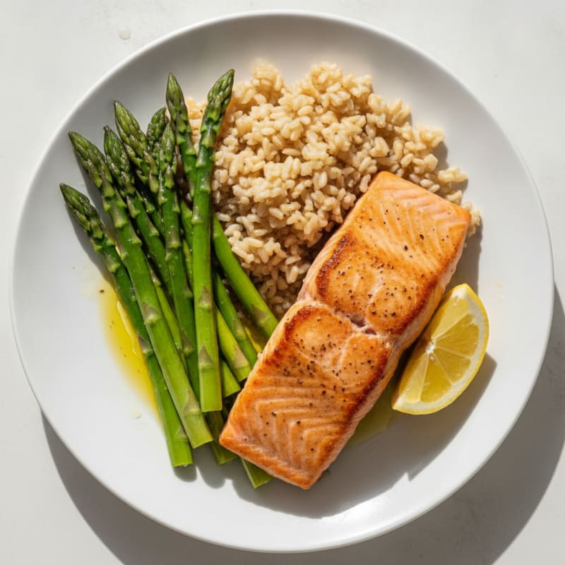 Seared Salmon Fillet with Steamed Asparagus and Brown Rice