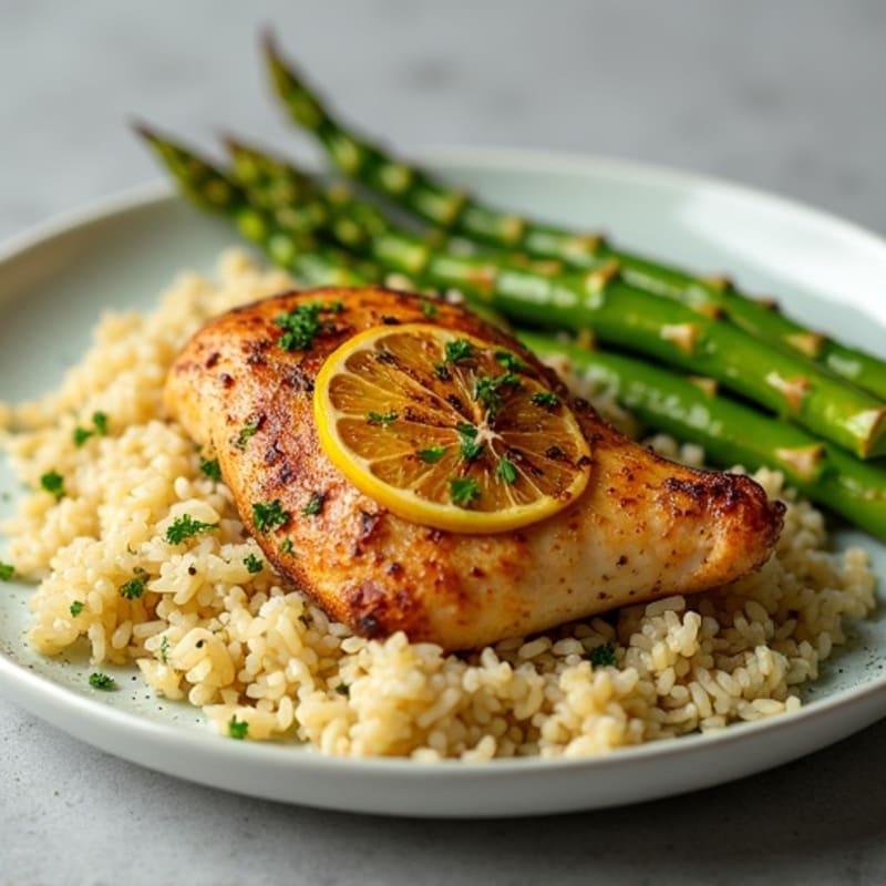 Lemon Herb Roasted Chicken with Fluffy Rice Pilaf and Tender Asparagus