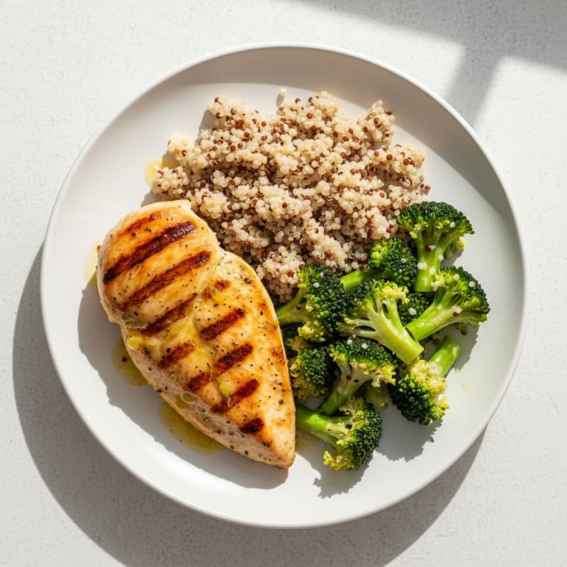 Grilled Chicken Breast with Steamed Broccoli and Quinoa