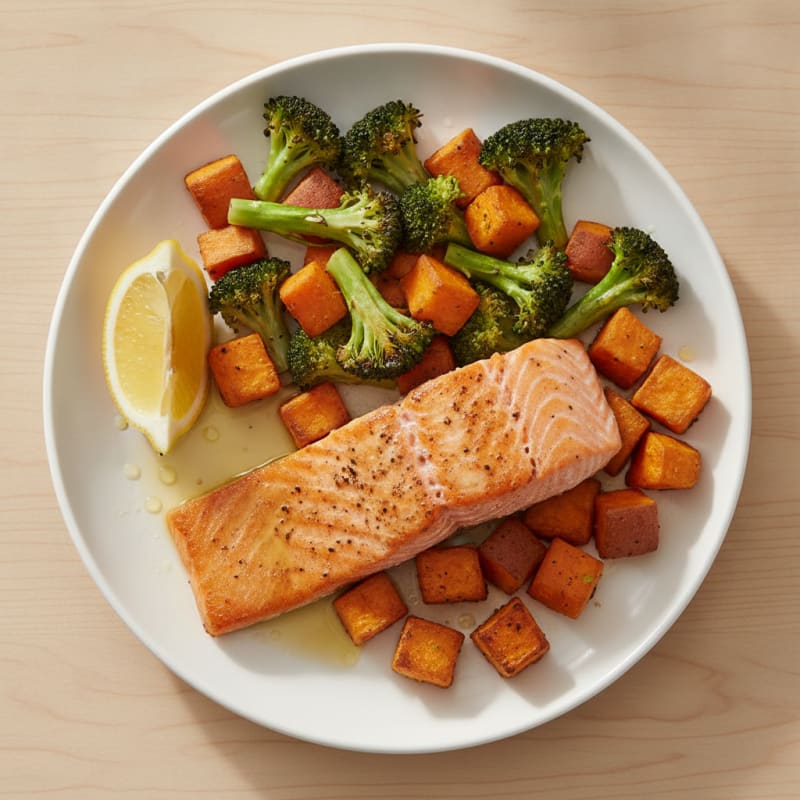 Seared Salmon with Roasted Broccoli and Sweet Potato