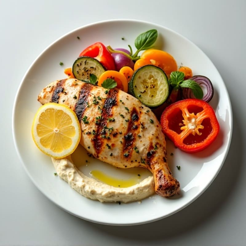 Grilled Lemon Herb Chicken with Creamy Hummus and Crispy Roasted Vegetables
