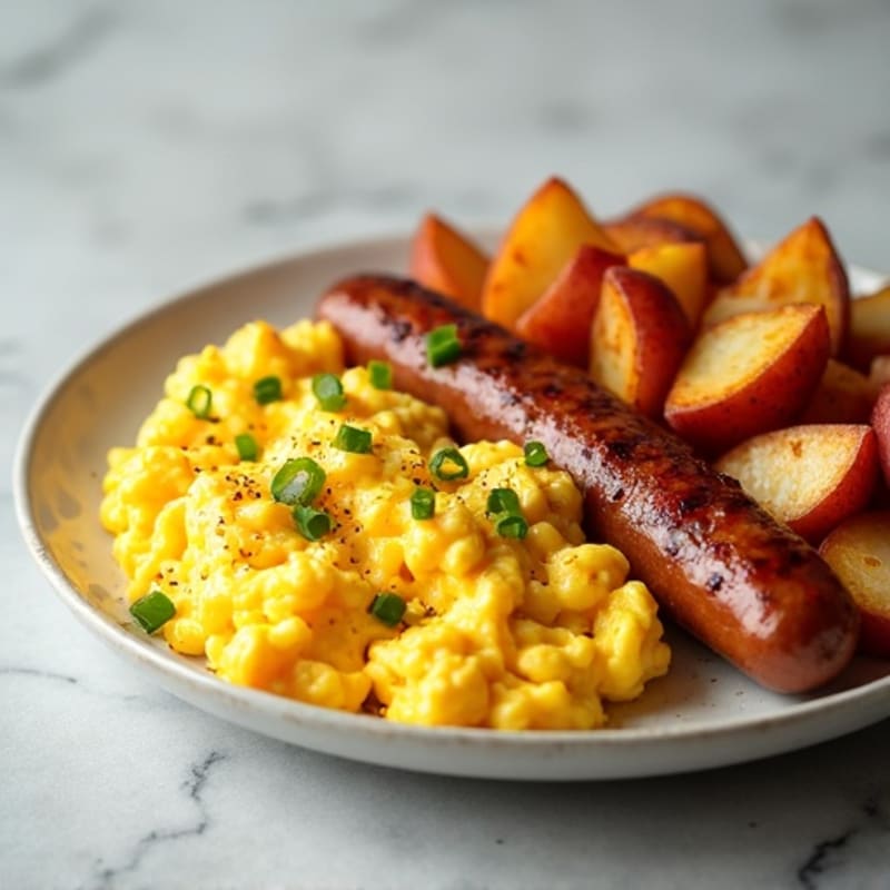 Scrambled Eggs with Turkey Sausage and Crispy Breakfast Potatoes