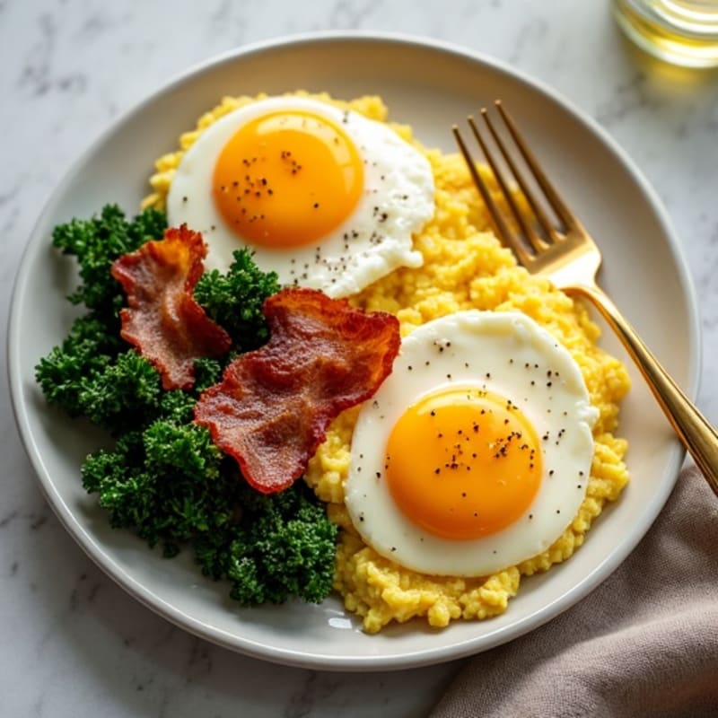 Scrambled Eggs with Crispy Bacon and Sautéed Greens