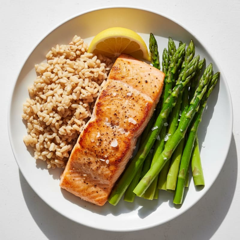 Seared Salmon with Steamed Asparagus and Brown Rice