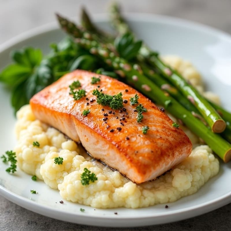 Seared Salmon with Roasted Asparagus and Garlic Mashed Cauliflower