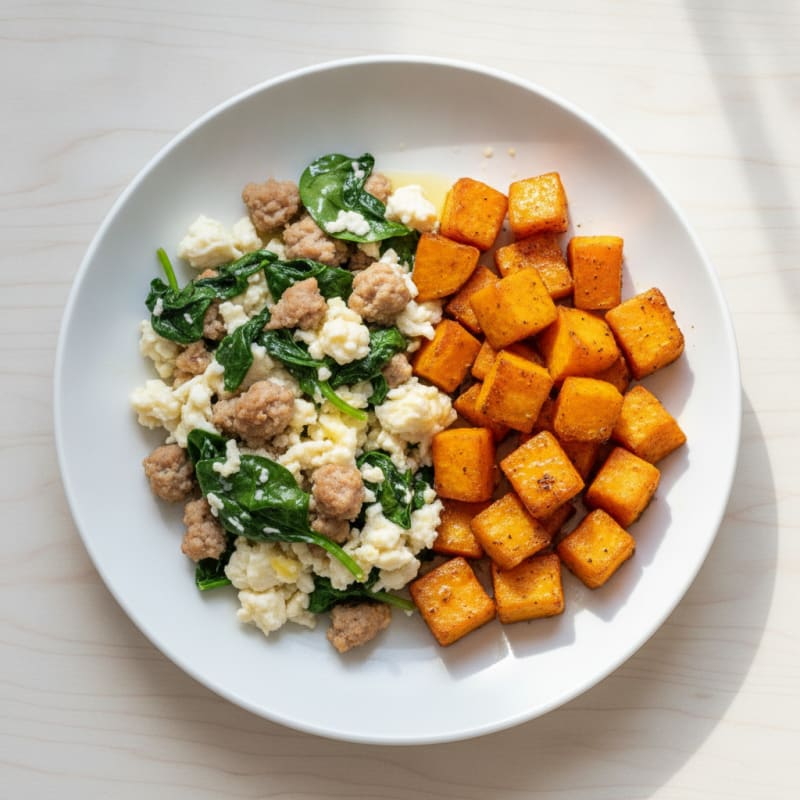 Egg White and Turkey Sausage Scramble with Spinach and Roasted Sweet Potatoes
