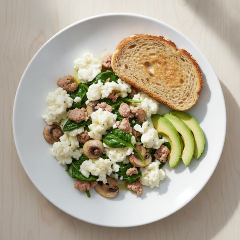 Egg White and Turkey Sausage Scramble with Spinach and Mushrooms