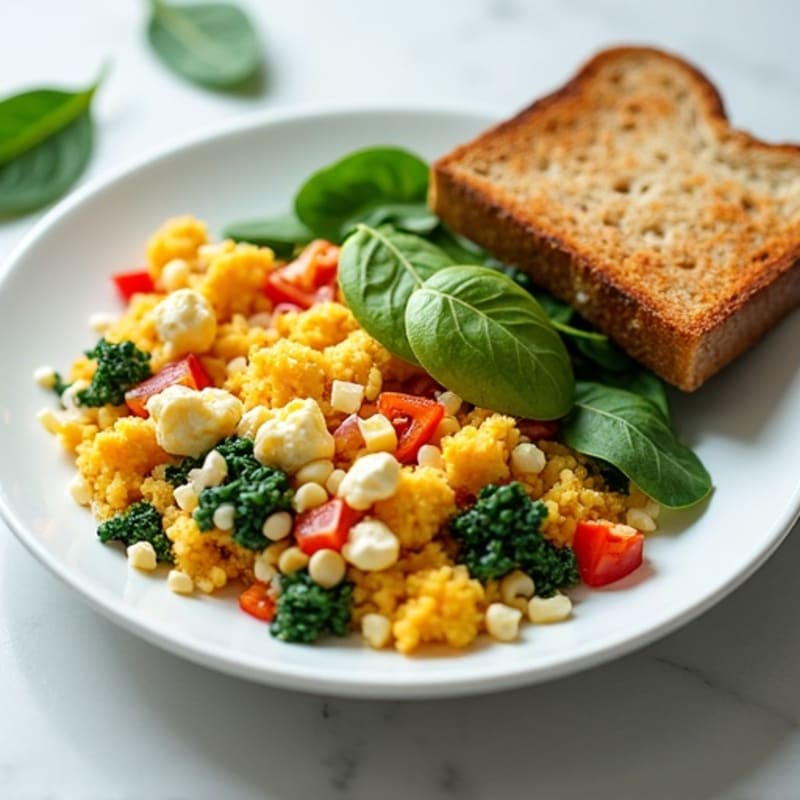 Egg White Veggie Scramble with Cottage Cheese and Sautéed Spinach