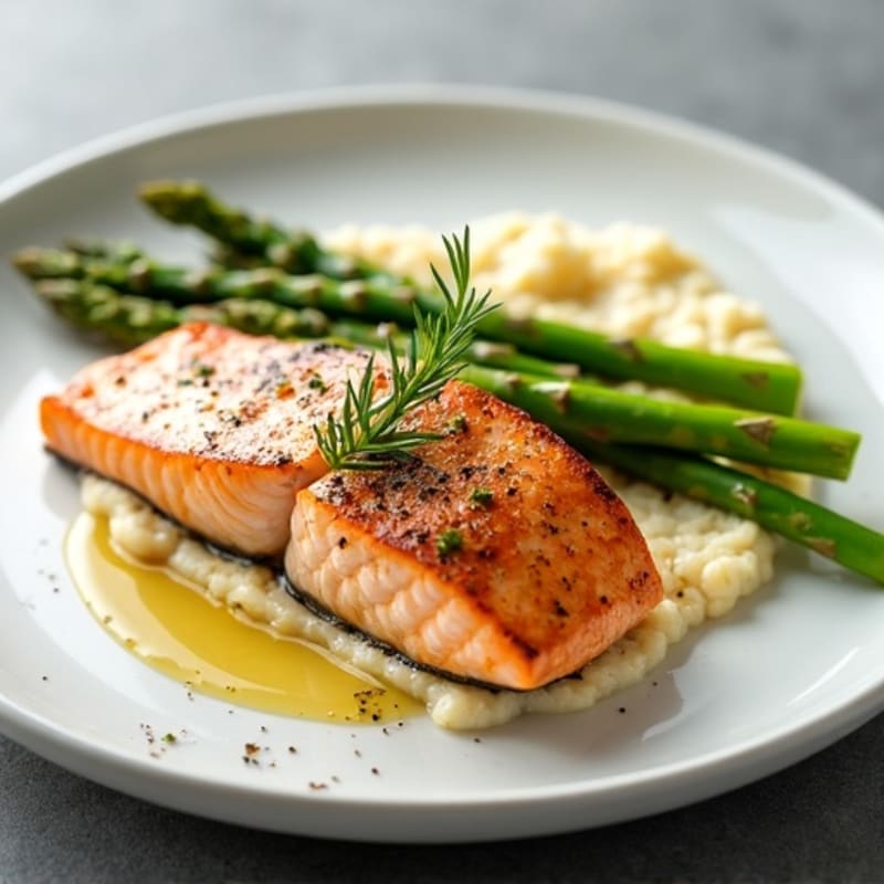 Seared Salmon with Steamed Asparagus and Cauliflower Mash