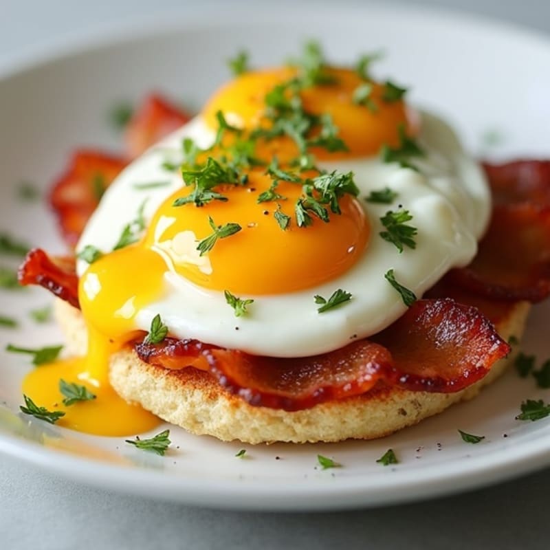 Healthy Poached Eggs with Crispy Turkey Bacon and Creamy Lemon-Herb Sauce