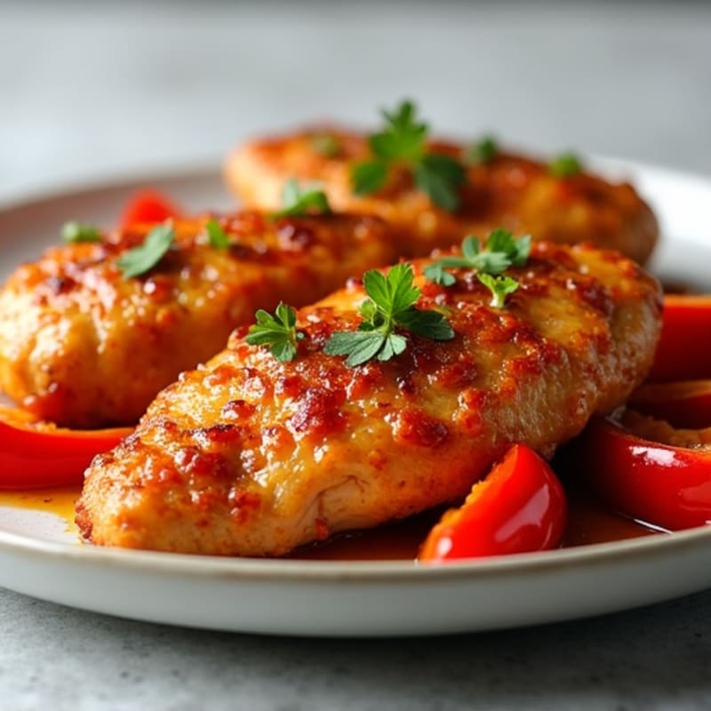 Crispy Baked Sweet and Sour Chicken with Roasted Bell Peppers
