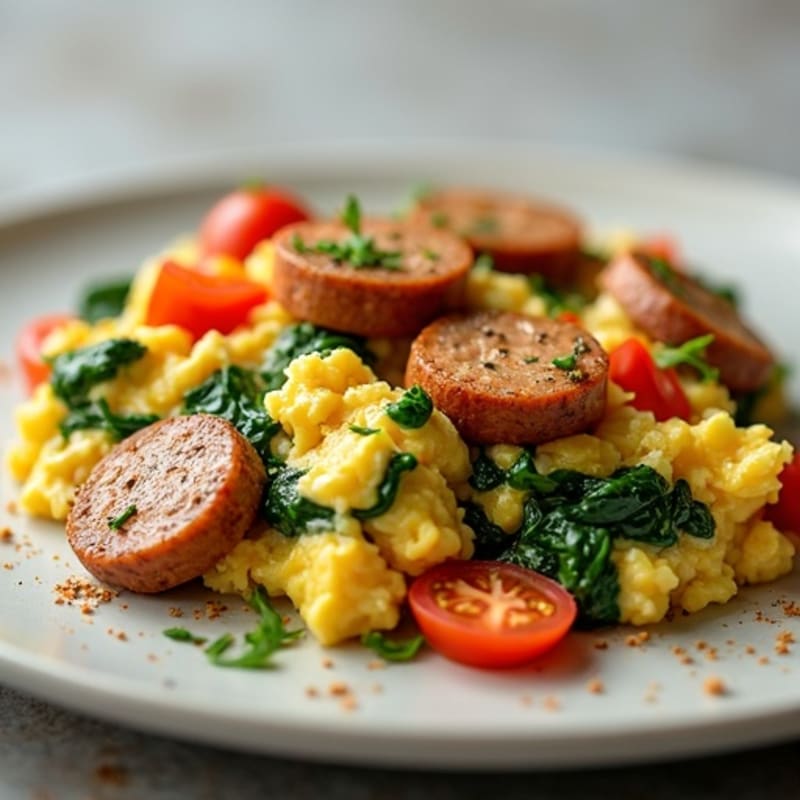Egg White Scramble with Turkey Sausage and Sautéed Spinach