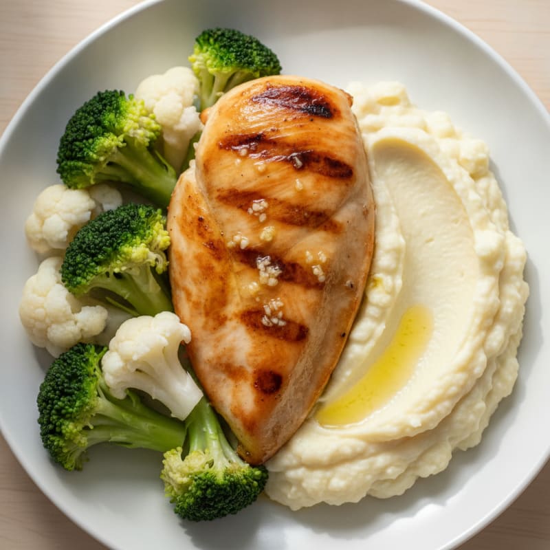 Grilled Chicken Breast with Steamed Broccoli and Cauliflower Mash
