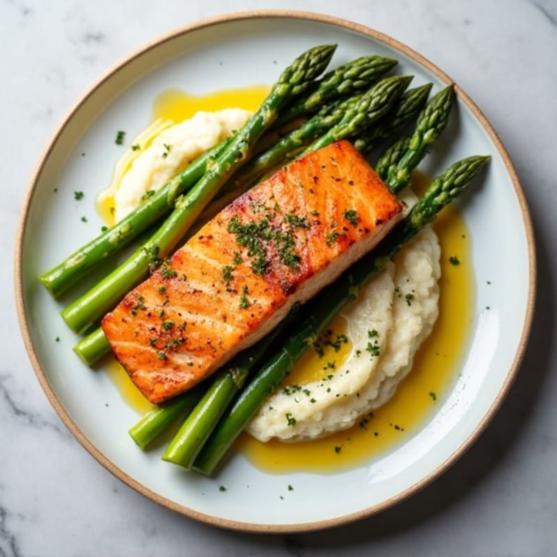Seared Salmon Fillet with Steamed Asparagus and Cauliflower Mash