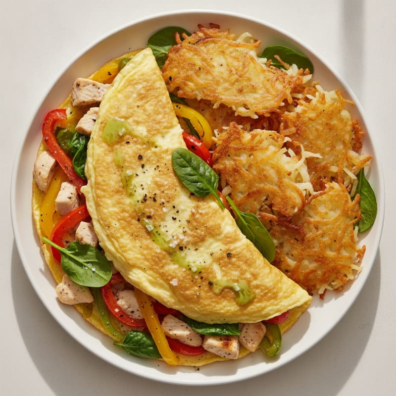 Egg and Chicken Veggie Omelette with Crispy Hash Browns