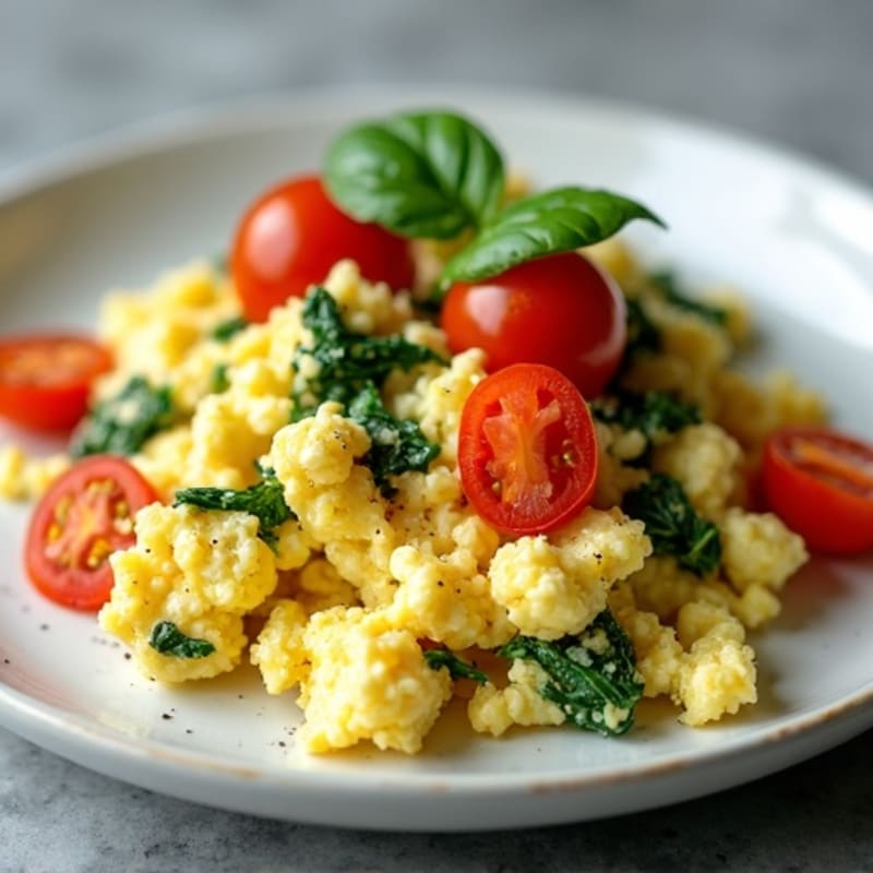 Fluffy Egg Scramble with Fresh Spinach and Cherry Tomatoes
