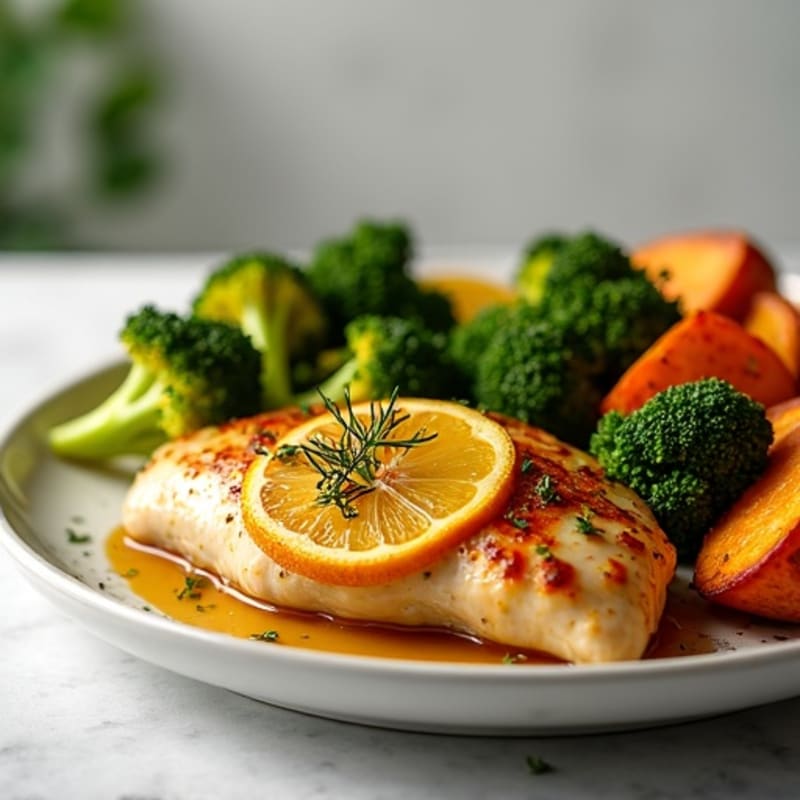 Lemon-Garlic Roasted Chicken with Crispy Broccoli and Sweet Potatoes