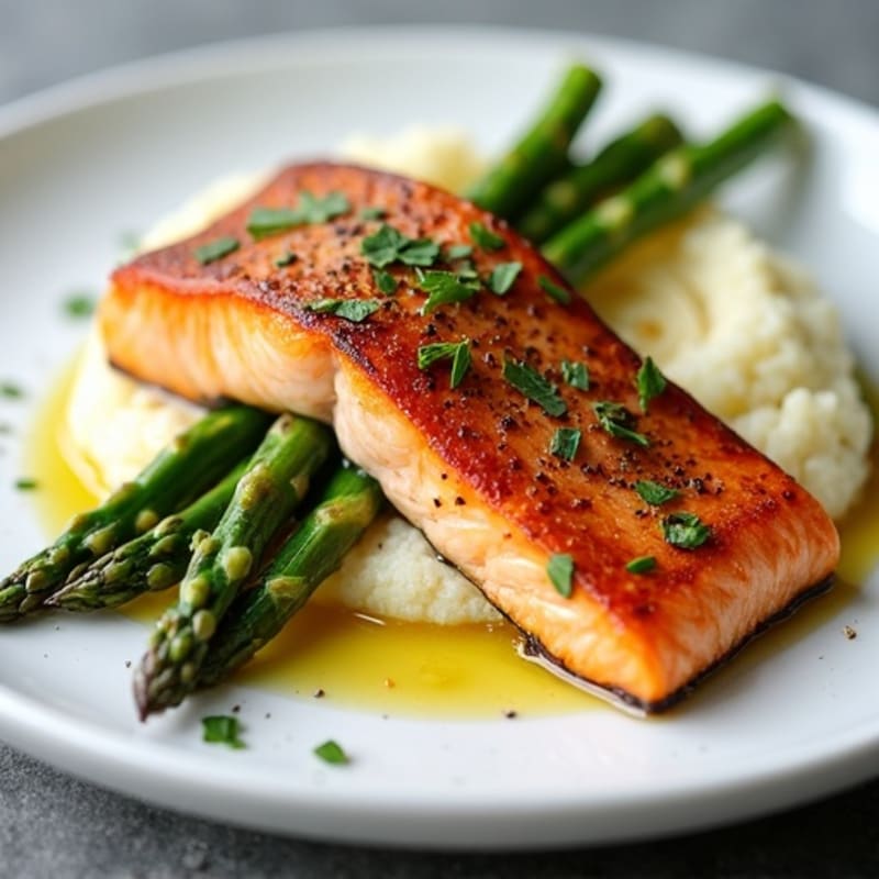 Seared Salmon with Steamed Asparagus and Cauliflower Mash