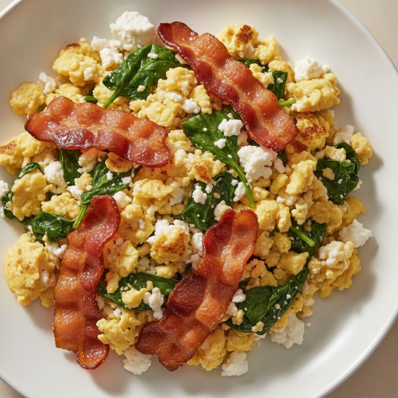 Cottage Cheese Egg Scramble with Spinach and Turkey Bacon