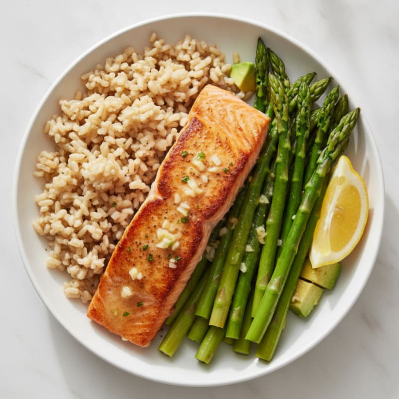 Seared Salmon with Steamed Asparagus and Brown Rice