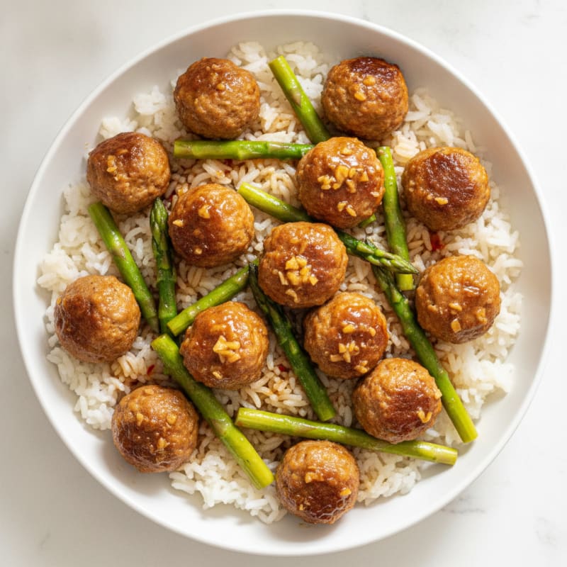 Honey-Garlic Turkey Meatball and Asparagus Rice Bowl