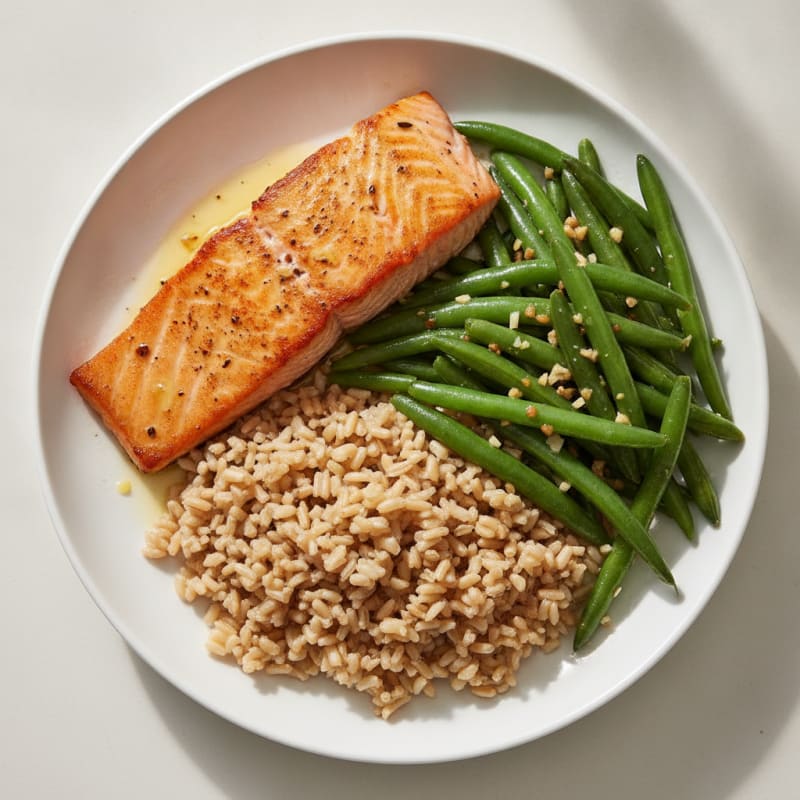 Seared Salmon with Garlic Green Beans and Brown Rice