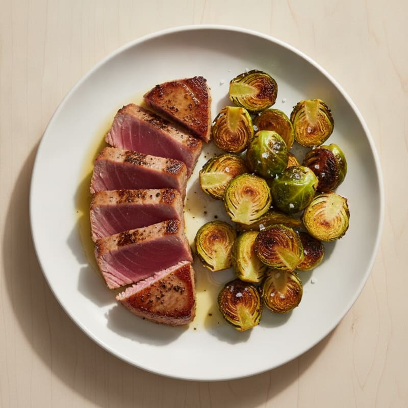 Seared Tuna Steak with Roasted Brussel Sprouts