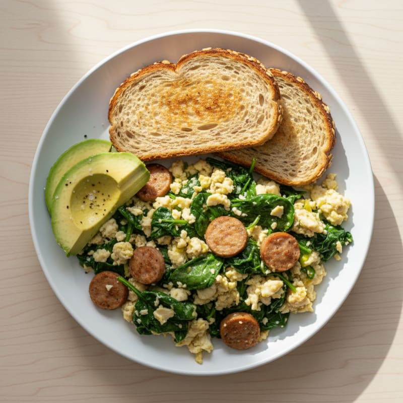 Egg White and Spinach Scramble with Turkey Sausage