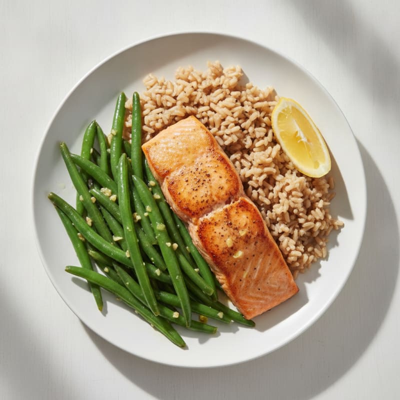 Seared Salmon with Garlic Green Beans and Brown Rice