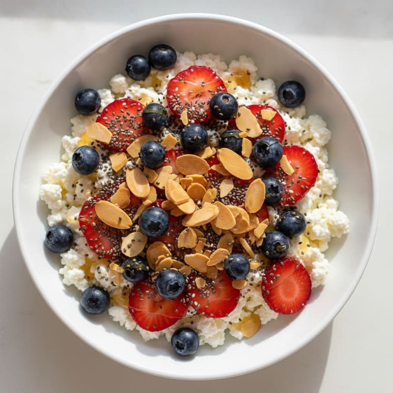 Cottage Cheese Berry Bowl with Almonds and Chia Seeds
