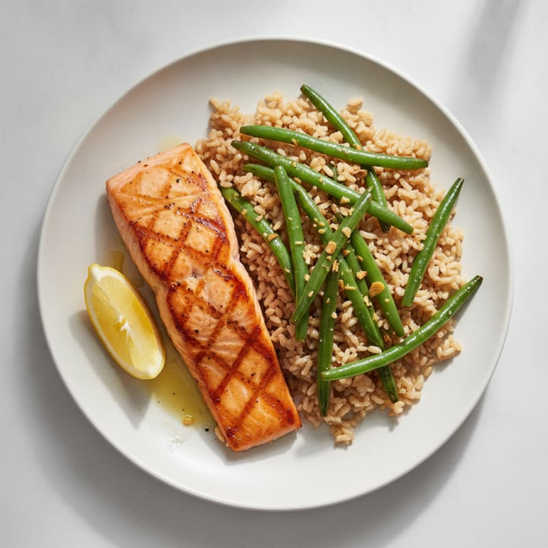 Seared Salmon with Garlic Green Beans and Brown Rice