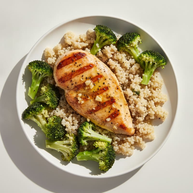 Grilled Lemon Garlic Chicken Breast with Steamed Broccoli and Quinoa
