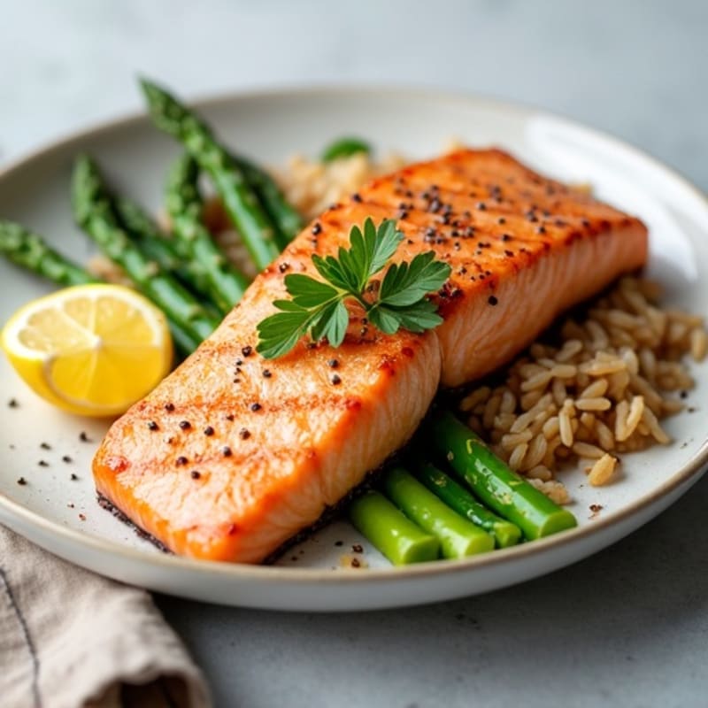 Seared Salmon with Steamed Asparagus and Brown Rice