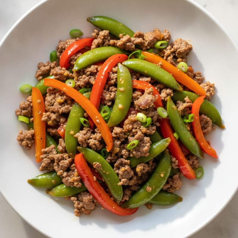 Lean Ground Beef Stir Fry with Bell Peppers and Snap Peas