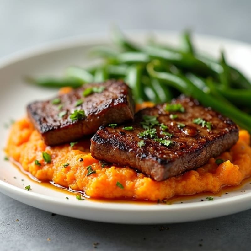 Seared Lean Beef Strips with Garlic Green Beans and Sweet Potato Mash