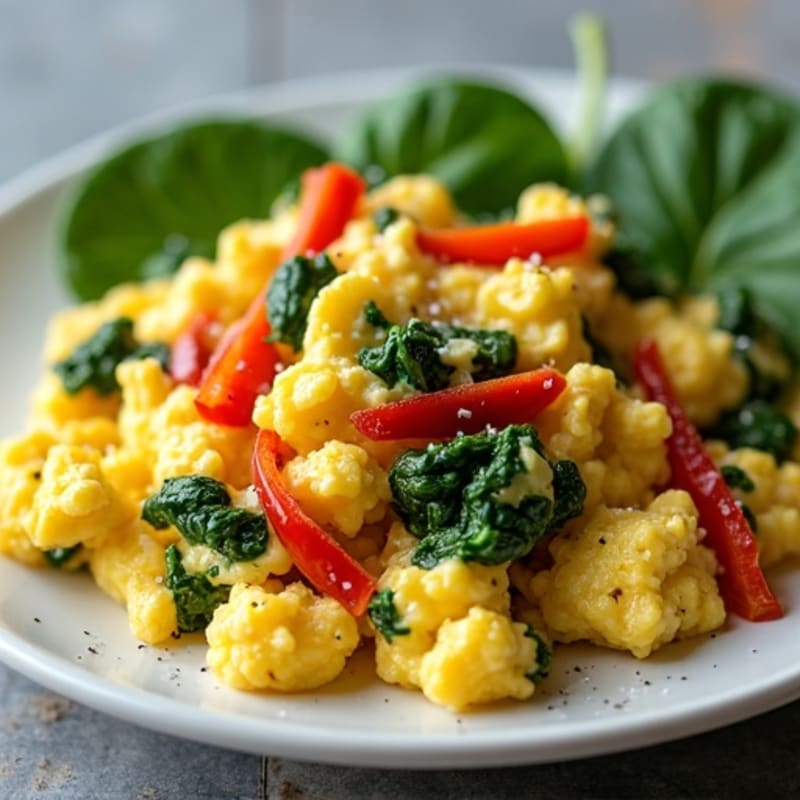 Fluffy Scrambled Eggs with Fresh Spinach and Bell Peppers