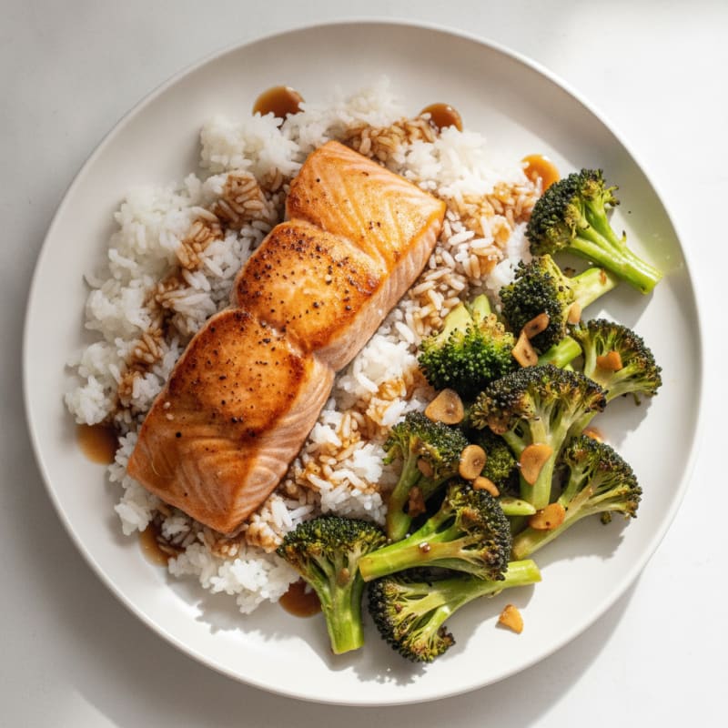 Seared Salmon with Garlic Broccoli and Jasmine Rice