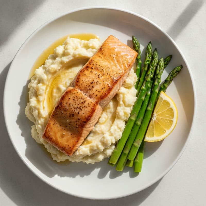 Seared Salmon with Steamed Asparagus and Garlic Mashed Cauliflower