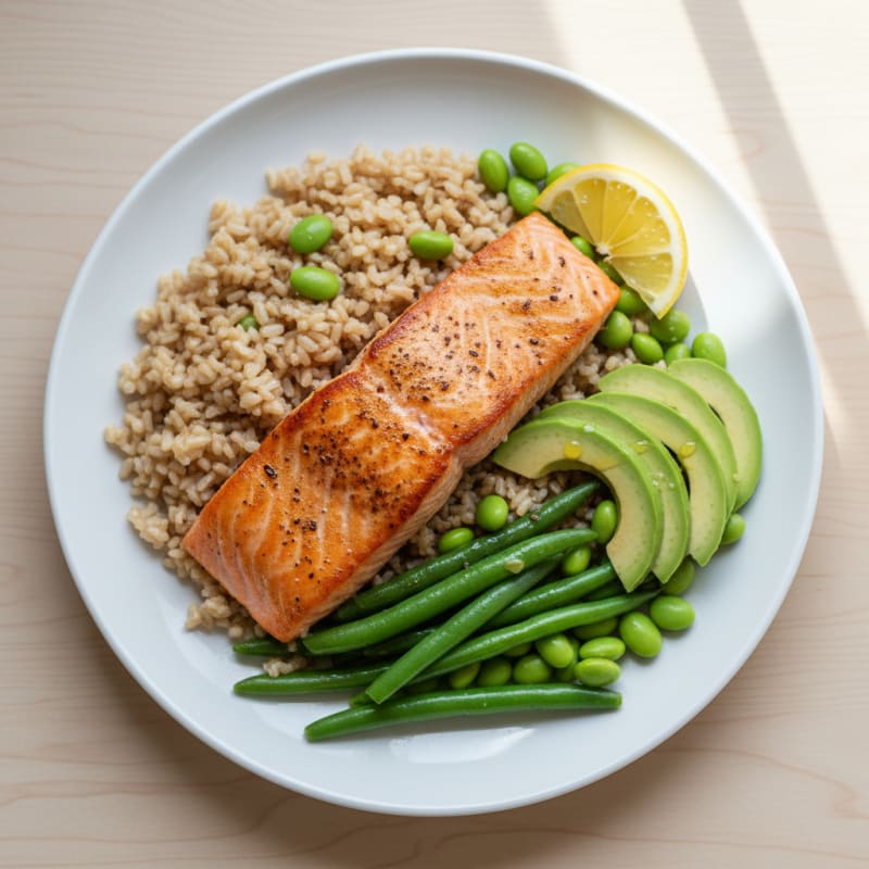 Seared Salmon with Steamed Green Beans and Brown Rice