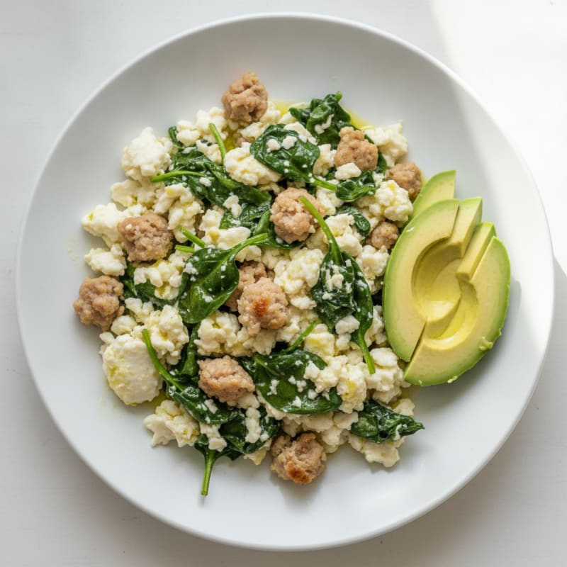 Egg White and Turkey Sausage Scramble with Sautéed Spinach
