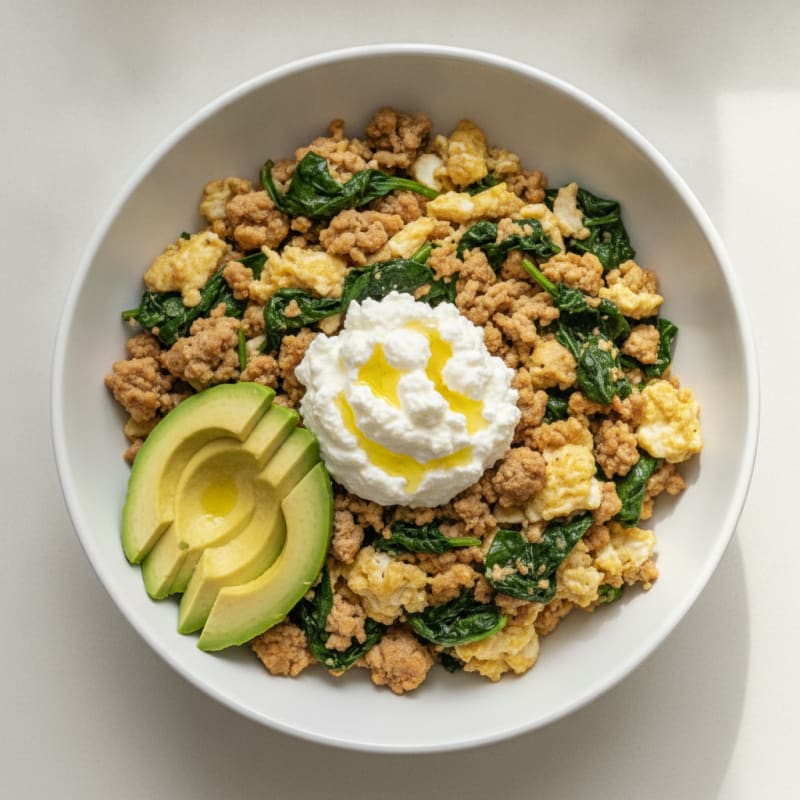 Egg White and Turkey Spinach Scramble with Cottage Cheese