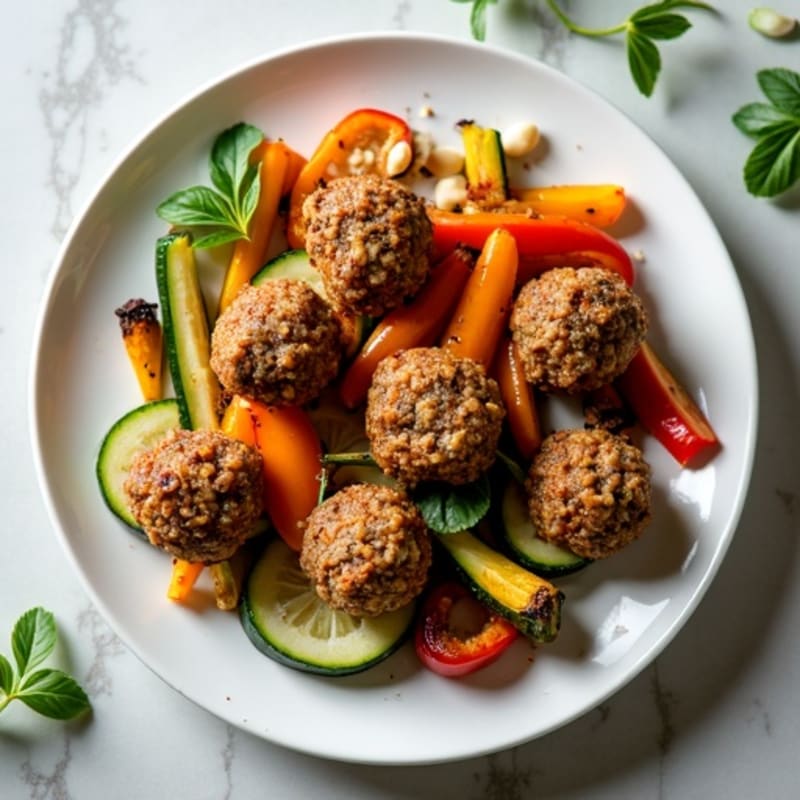 Crispy Lentil Walnut Meatballs with Herb-Roasted Vegetables