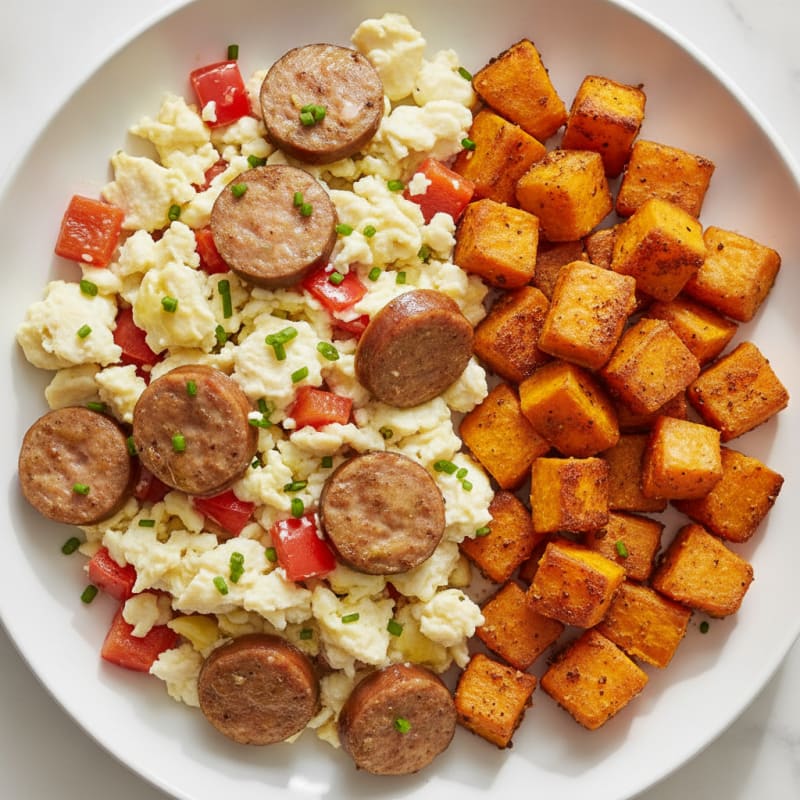 Egg White and Turkey Sausage Scramble with Roasted Sweet Potatoes