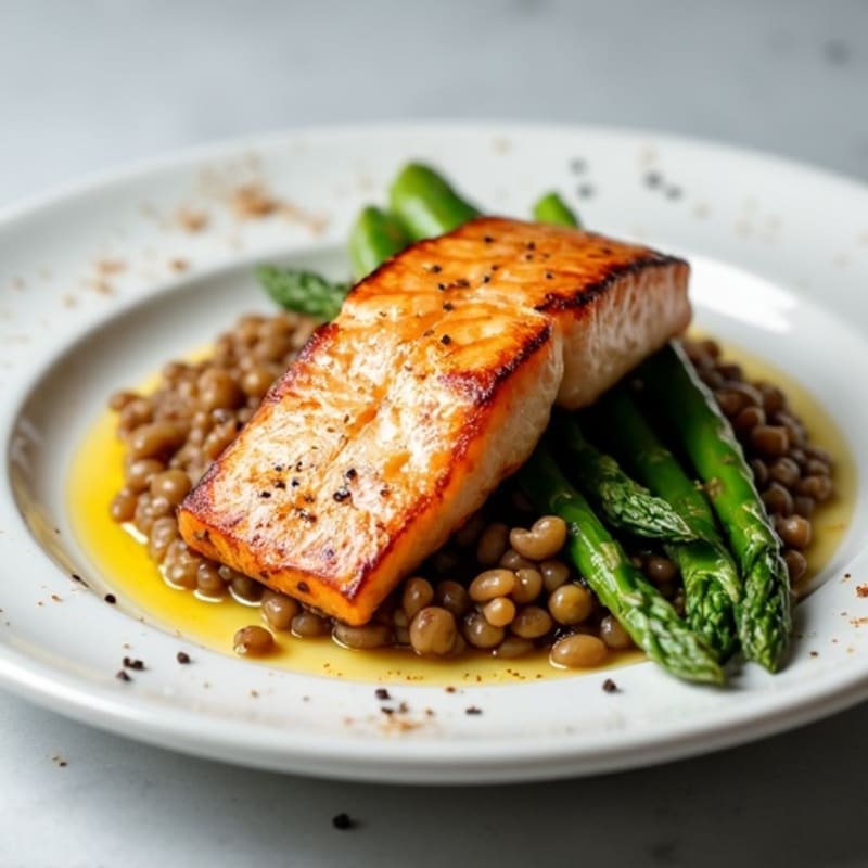 Seared Salmon with Steamed Asparagus and Lentil Mash